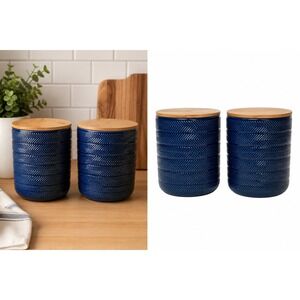 Set of 2 Blue Ceramic Storage Canisters w/ Bamboo Lids Chevron Kitchen Decor
